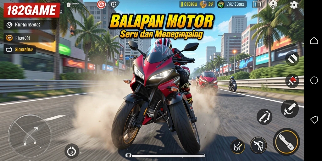 Gameplay menegangkan dalam 182GAME saat balapan motor di trek berliku.