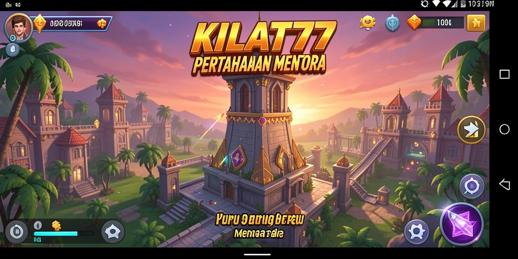 Screenshot gameplay KILAT77 menampilkan aksi menara mempertahankan basis melawan gelombang musuh.