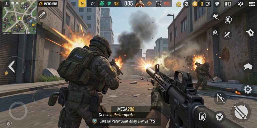Screenshot gameplay seru dari MEGA288 yang menampilkan aksi TPS.