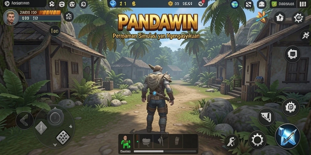 Screenshot gameplay <strong>PANDAWIN</strong> menunjukkan karakter yang berinteraksi dalam dunia simulasi yang kaya.