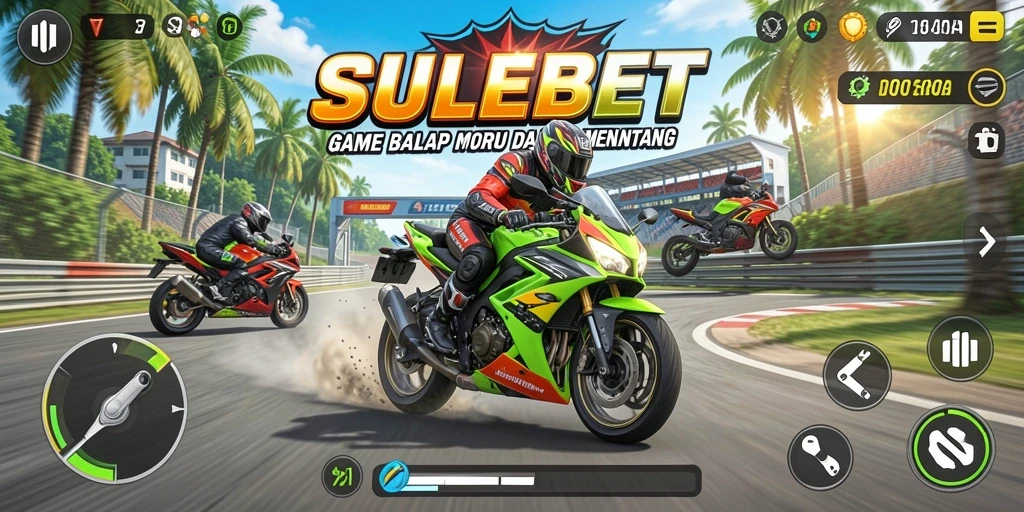 Screenshot gameplay <strong>SULEBET</strong> menunjukkan balapan motor yang mendebarkan.