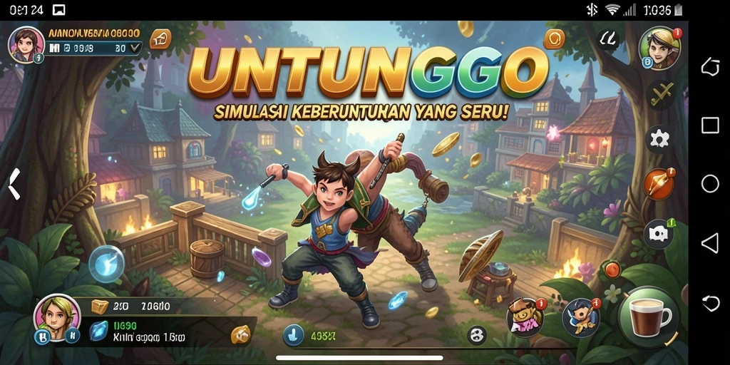 Tampilan gameplay seru dari UNTUNGGO dengan berbagai usaha yang dikelola.